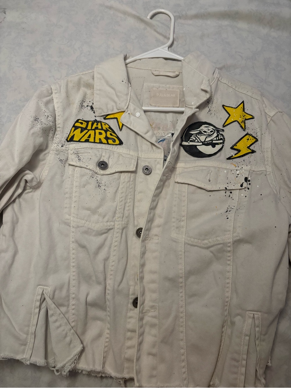 Pull&Bear White Denim Jacket with Yellow Star Wars Painted Art